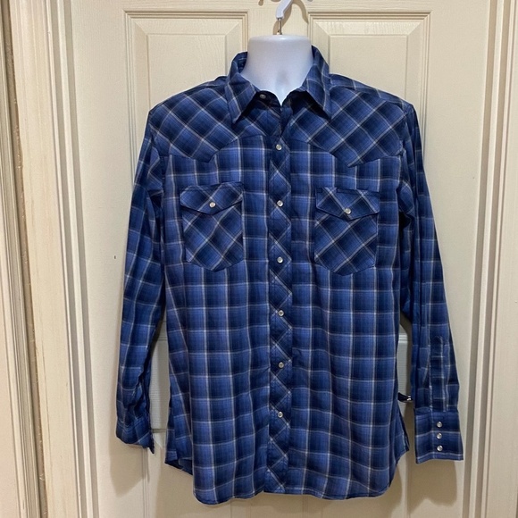 Wrangler-Men's Western Shirt-Blue Plaid-Long Sleeve Button Up-Pearl Snaps-Large‎ - Picture 1 of 10